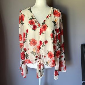 By Together Women’s Floral Front Tie Flowy Bell Sleeve Top